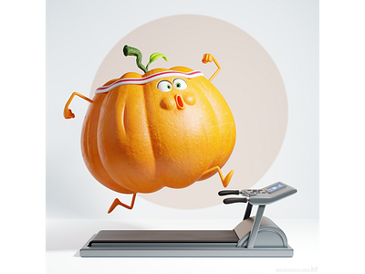 Getting in shape for Halloween — 3D illustration cartoon fitness fun halloween humor illustratie illustration illustrator loopband maf pompoen pumpkin running treadmill whimsical