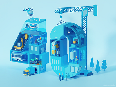 Stylized 3D illustration 3d 40 anniversary bedrijf bouw building characters corporate crane diensten figuren gebouw gestileerd illustratie jubileum karakters kraan services stylized zakelijk