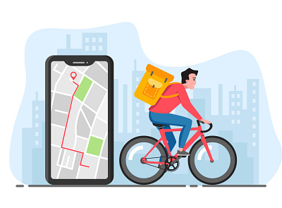 Delivery app bicycle bicycling city delivery delivery app delivery service food delivery illustration man messenger messenger bag mobile mobile app navigation smartphone ui urban ux vector