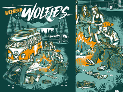 Camp & Chill - California Roots Presents Weekend at Wolfie's bus california campfire camping concert poster illustration logo music reggae volkswagen vw bus