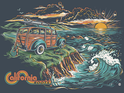 Woodie by the Ocean at Sunset - California Roots Apparel Design beach california cars cliffside concert poster illustration logo music ocean reggae sunset vintage waves woodie