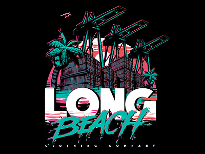 Long Beach Dock Tee Design - LB Clothing Co. 80s 90s industrial orange palm trees pink sunset t shirt teal tee