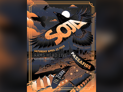 Soja Limited Edition Artist Series Baltimore Poster Art 2019 baltimore concert poster crows illustration moonlight music poster poster art ravens reggae
