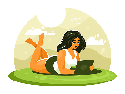 Girl with tablet vector chat girl grass illustration lawn messaging summer tablet vector woman