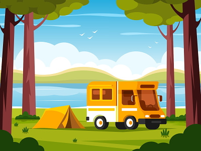 Camper van and tent camp illustration lake landscape nature sunrise tent travel van vector