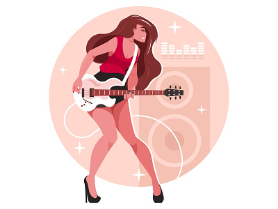 Woman with guitar artist concert electric female girl guitar guitarist illustration instrument play player rock rocker show singer solo teenager vector woman