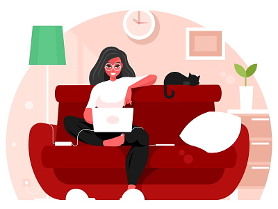 Girl with laptop cat communication education female freelance girl homework illustration indoor internet laptop sofa student vector woman worker workplace