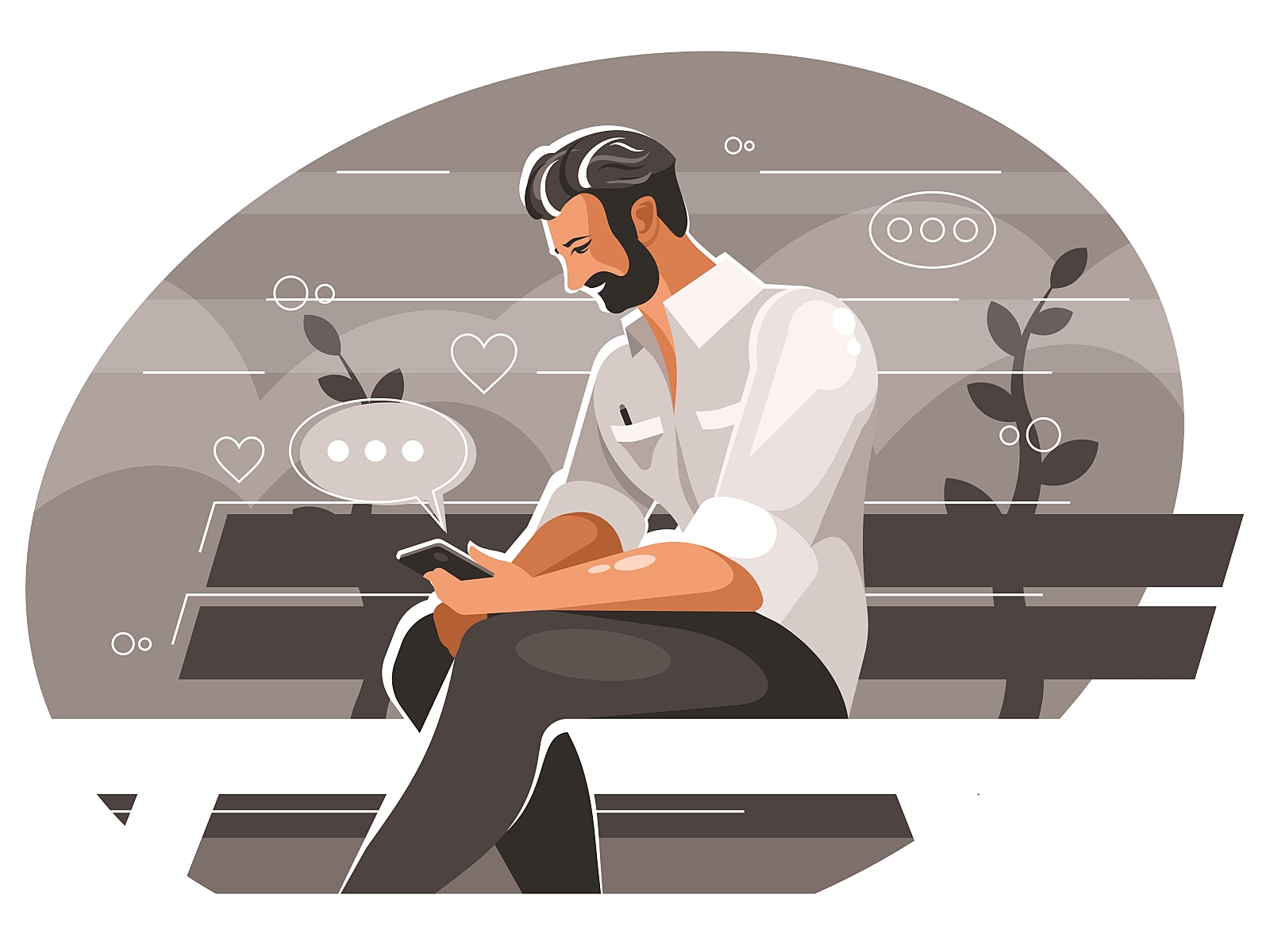 Man with smartphone in park wifi telephone technology sitting sending phone one happy handsome guy couch connection network message vector device communication internet smartphone man