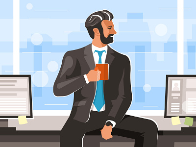 Businessman with a cup of coffee boss business businessman businesspeople busy coffee computer confidence confident contact desk fancy man manager office sitting smiling vector worker working