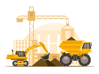 Construction machinery at construction site architecture building bulldozer construction crane development engineering excavator exterior house illustration industrial job machine machinery rise site teamwork truck vector