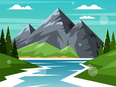 River on a background of mountains alps blue crag desolate forest highlands illustration mountain nature peak pine river rock scenery siberia stone summer tree vector view