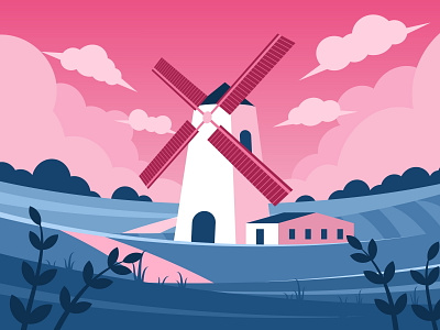 Landscape with windmill architecture building canal country countryside culture destination energy famous farm field flowers illustration landscape mill summer vector village wind windmill