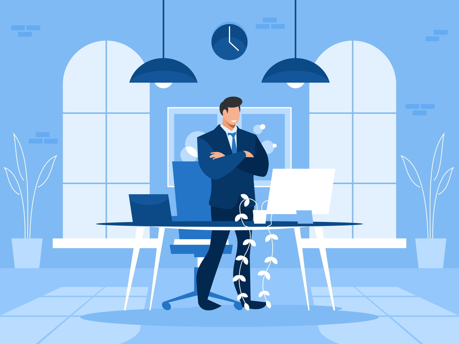 Boss at his desk accountant boss business businessman chair coffee collar computer corporate desk guy happy illustration laptop office person table vector work workplace