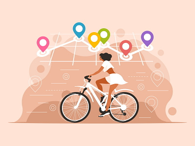 Navigation with location pin bicycle bike cycle cyclist extreme fitness girl healthy illustration lifestyle navigation ride road roadmap route speed sport track vector woman