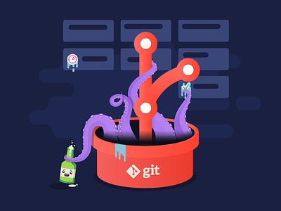 Git monster illustration beer character flat git illustration kanban management monster octo ora task tentacles