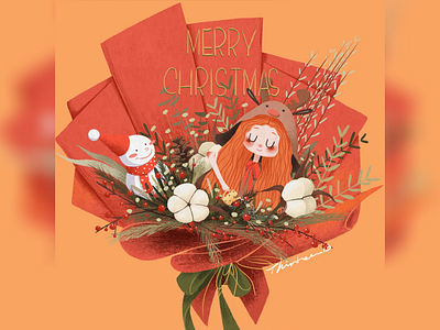 Merry Christmas! artstudio pro bouquet christmas flowers girl illustrate illustration illustration for kids illustrator ipad pro ipad pro painting merry christmas reindeer hood snow man