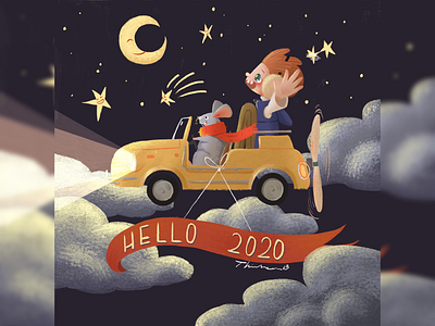 Hello 2020 2020 art car childrens book illustration childrens illustration fly hello 2020 illustrate illustration illustrator ipad art kids moon rat star storybook storybook illustration