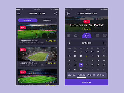 Soccer Reservation App app application dark design mobile reservation soccer sports theme ui ux
