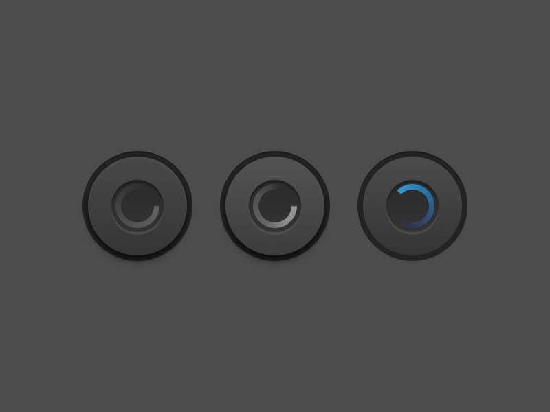 three buttons in different states. middle of button is a spinner rotating based on if its downloading content or not.