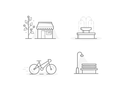 City bench bicycle city fountain icons illustrations set shop street