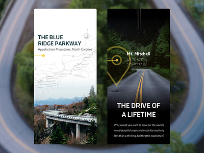 Blue Ridge Parkway app concept dark driving icons light map photography scenery typography ui