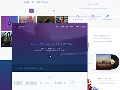 Music landing page app clean footer header home landing minimal music screen search song website