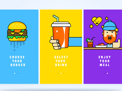 Restaurant App (Walkthrough) burger coke color drink eat flat icons illustration line man walkthrough yellow