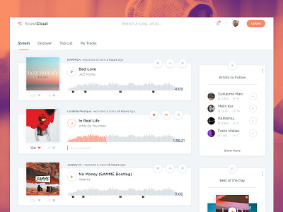 SoundCloud Redesign Concept artist clean follow home like material minimalist music orange player soundcloud ui