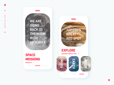 NASA app design UI- Missions & Gallery design nasa space typography ui ux vector