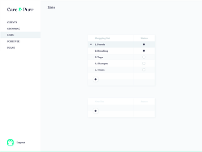 Care & Purr - Pet Grooming Interface - Lists