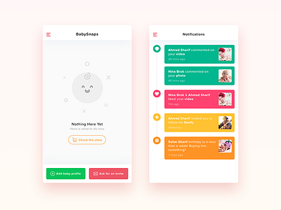 BabySnaps - iPhone App UI/UX Design app design empty state home ios iphone notifications social ui ux