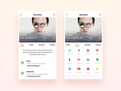 Wip - Social App about app ios iphone minimal profile share social ui ux