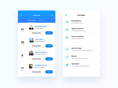 Lunch Share App UI UX Design android calendar chat event flat ios message settings share social