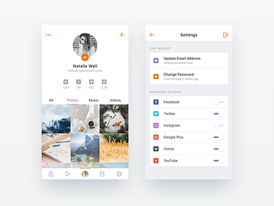 Upcoming Social App - WIP 3 android ecommerce flat gallery ios music photos profile settings user video