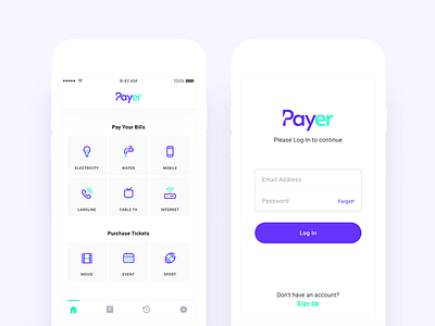 Payment App - Dashboard and Log In Views android app dashboard ecommerce flat home ios login minimal navigation payment