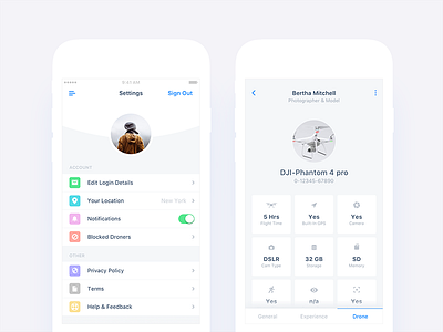 Settings & Drone Details Views android app details ios job minimal photography profile settings social user