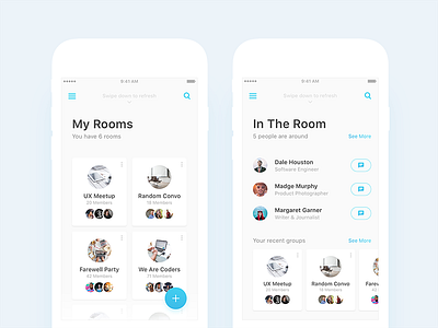 My Rooms (Groups) & In The Room (Home) Page Designs android app chat dashboard ecommerce group chat home inbox ios navigation social