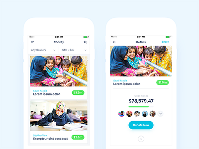 Charity App - List & Details Views android app charity details ecommerce flat home ios list navigation social