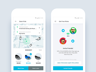 Taxi App - Vehicle Type & Invite Friends Screens