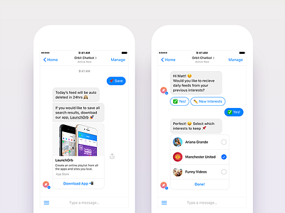 Working on a chatbot flow design for LaunchOrb app app category chatbot ecommerce ios media messenger minimal navigation news social