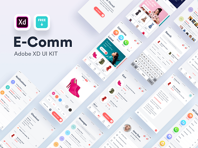 E-Comm Free Adobe XD UI Kit adobexd android app cart chat commercial design ecommerce free home ios iphone product profile search social ui ux