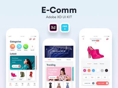E Comm - Free Adobe XD UI Kit android app design ecommerce ios iphone navigation social ui ux