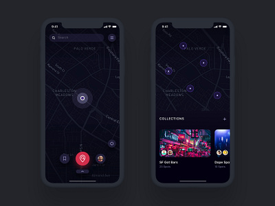 Map & Collections View android app dark ui design ecommerce entertainment ios iphone location map navigation night life social ui ux