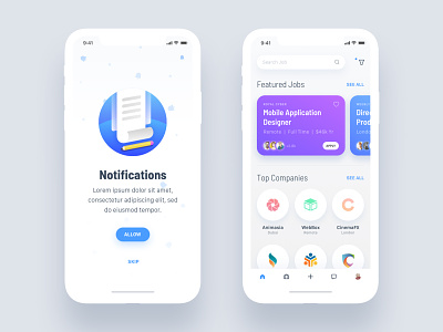 Notification Permission and Job Feed android app ask permission career design ecommerce feed ios iphone jobs light mobile notifications profile social ui ux