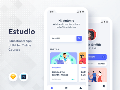 Estudio Educational Mobile App UI Kit android app design education home illustration ios iphone learn mobile online courses profile search student study ui ux