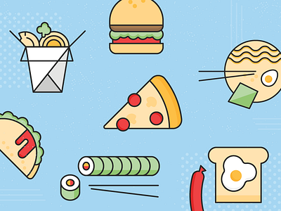 Food Icon Illustrations blue burger chinese takeout cute egg flat food icons illustration pizza ramen sushi taco textured toast vector