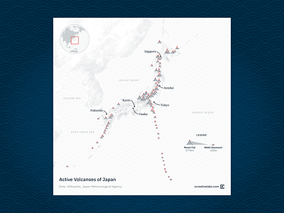 Active volcanoes of Japan blue cartography dataviz gray japan map navy volcanoes waves white