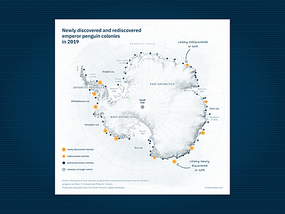 Newly discovered and rediscovered emperor penguin colonies antarctica blue cartography data visualization design handwritten map penguin svg type ui vector yellow