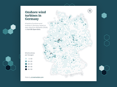 Distribution of onshore wind turbines in Germany blue cartography d3 design geography hexagon map mapping maps svg teal vector