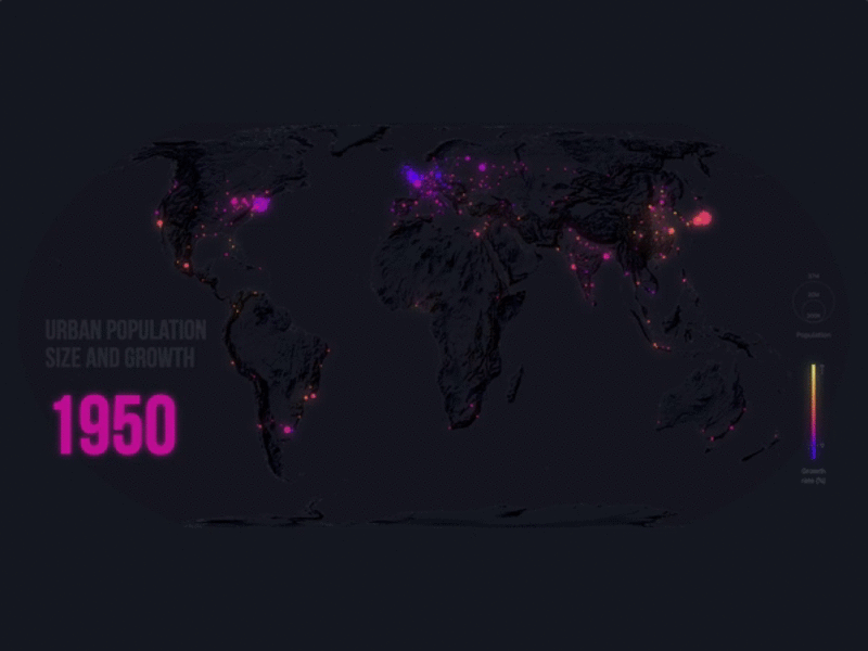 Visualising 70 years of urban population size and growth animation blue d3 design geography gif gradient mapping maps pink purple